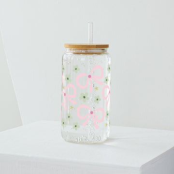 Pink Ribbons & Green Petals Glass Tumbler - Clear 540 ml