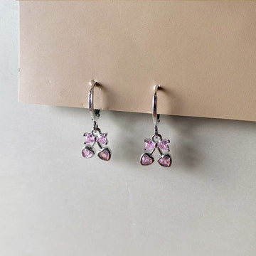 Mini Pink Cherry Bow Earrings - Silver