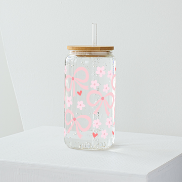 Pink Bow with Flowers Glass Tumbler - Clear 540 ml