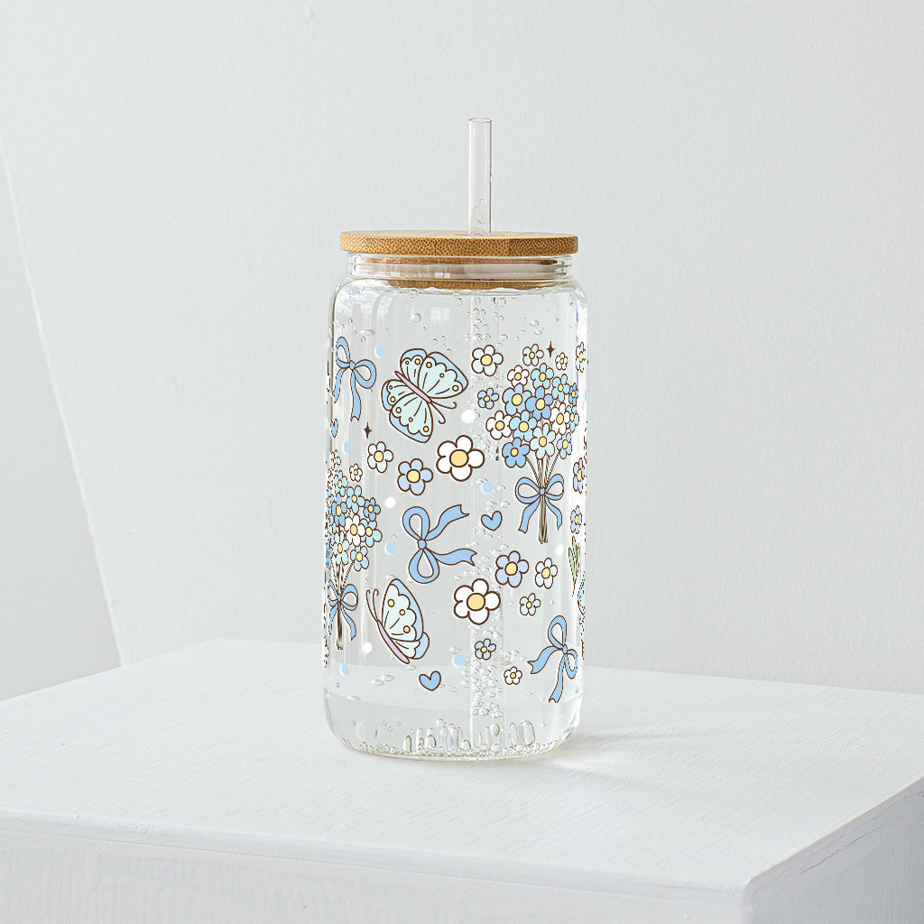 Blue Wild Flowers Glass Tumbler - Clear 540 ml