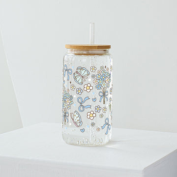 Blue Wild Flowers Glass Tumbler - Clear 540 ml