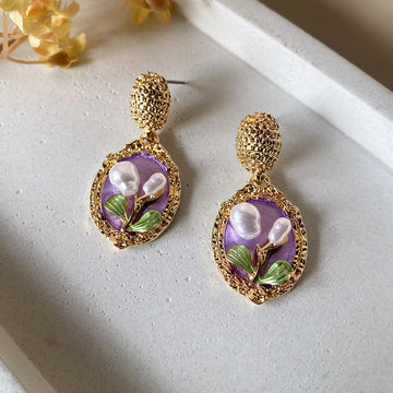 Vintage Bloom Pearl Earrings - Purple