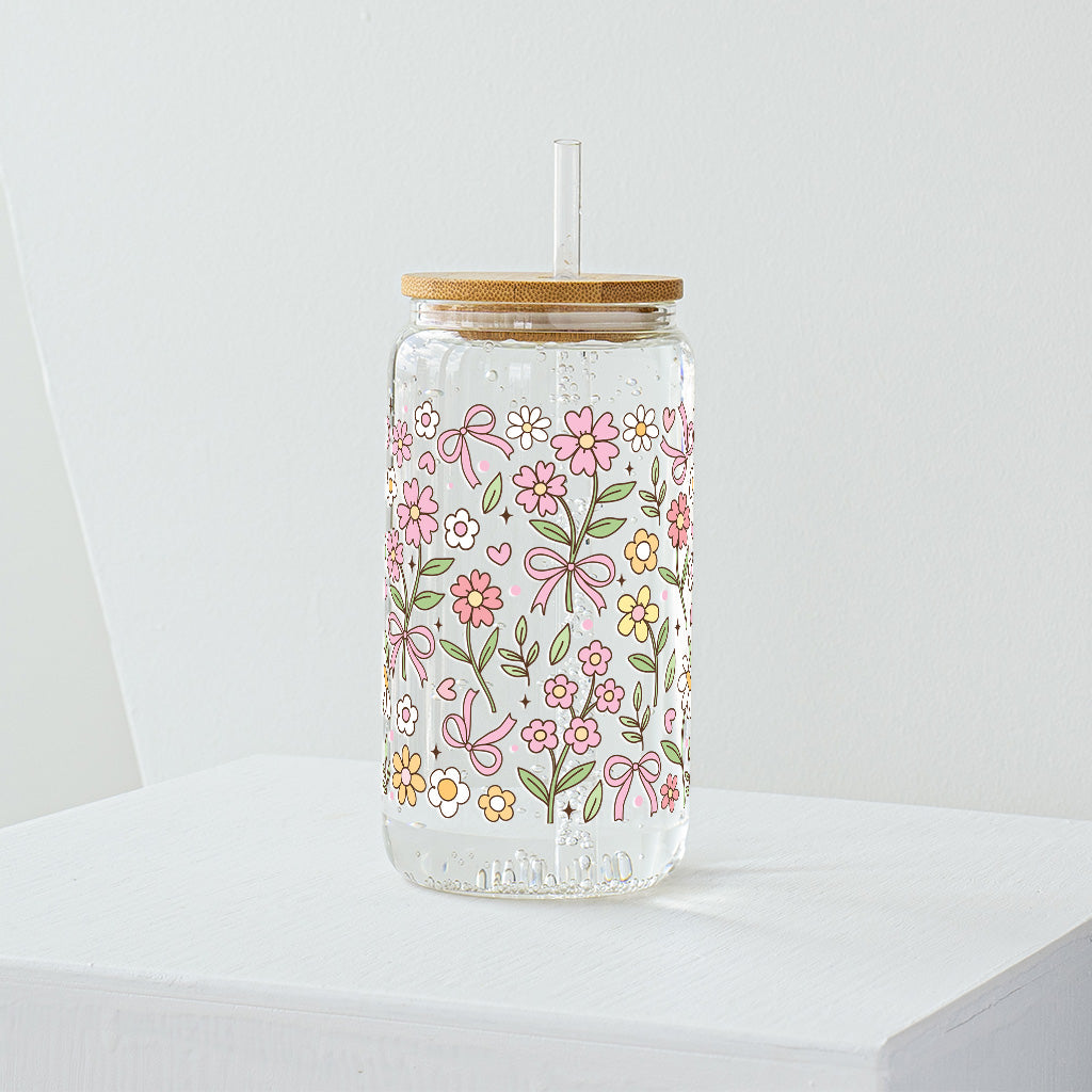 Pink Wild Flowers Glass Tumbler - Clear 540 ml