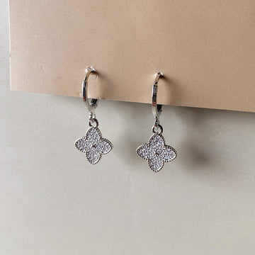 Mini Crystal Clover Charm Earrings - Silver