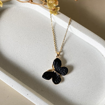 Black Butterfly Pendant Anti-Tarnish Chain Necklace – Gold-Toned Pearl Finish Minimal Charm Jewellery