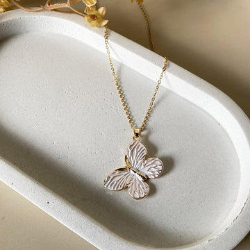 White Butterfly Pendant Anti-Tarnish Chain Necklace – Gold-Toned Pearl Finish Minimal Charm Jewellery