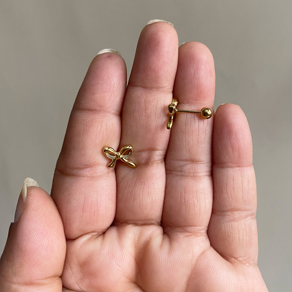 Dainty Ribbon Bow Ball Back Earrings - Gold