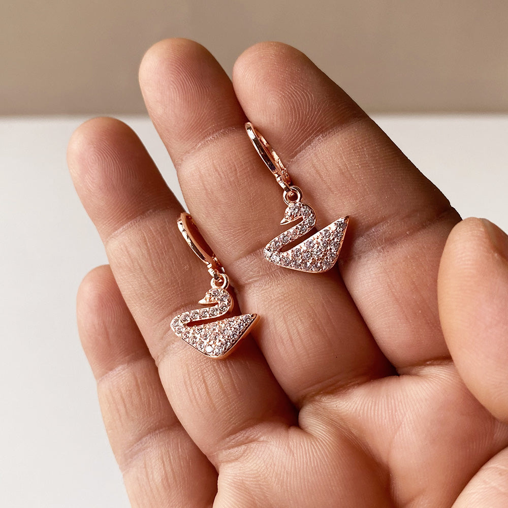 Crystal Swan Drop Earrings - RoseGold (Anti-Tarnish)
