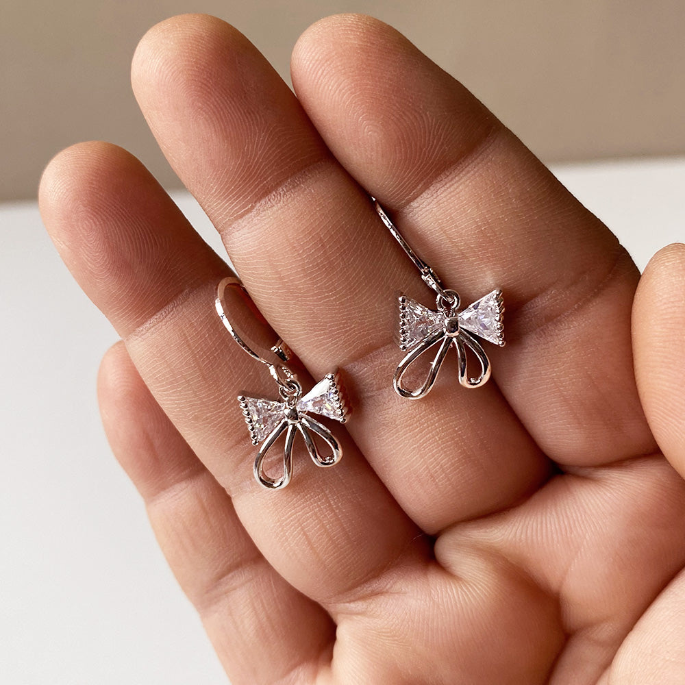 Crystal Ribbon Bow Earrings - Silver (Anti-Tarnish)