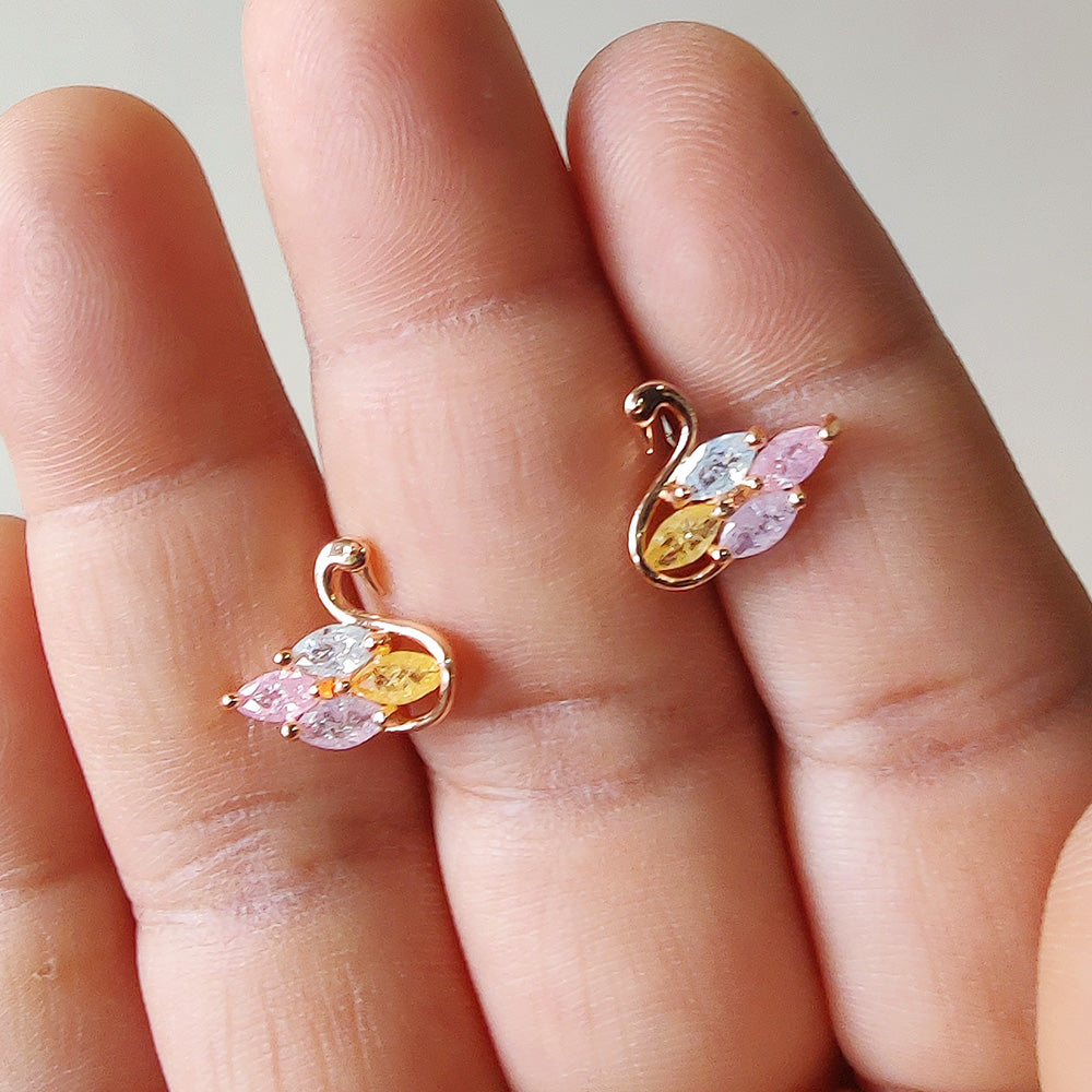 Pastel Crystal Swan Stud Earrings - Gold