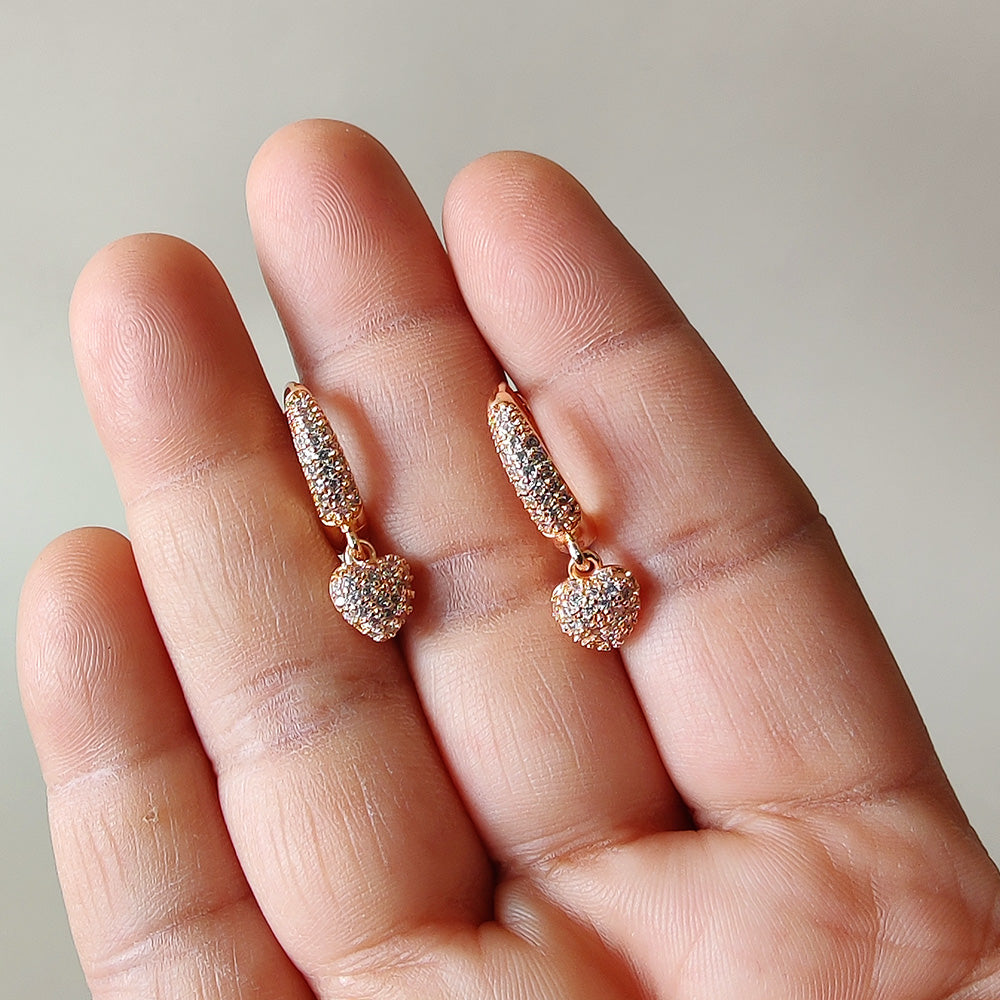 Crystal Heart Drop Hoop Earrings - RoseGold