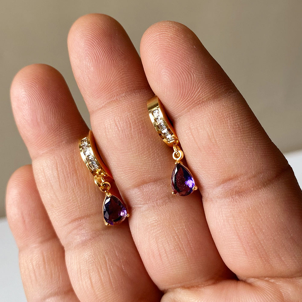 Violet Gem Drop Earrings - Gold (Anti-Tarnish)