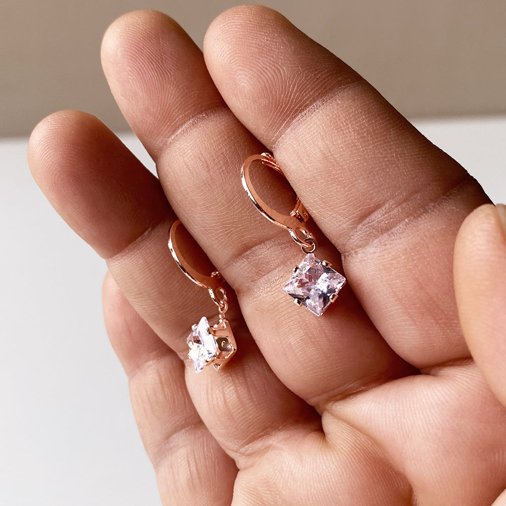 Mini Square Crystal Hoop Earrings - RoseGold (Anti-Tarnish)