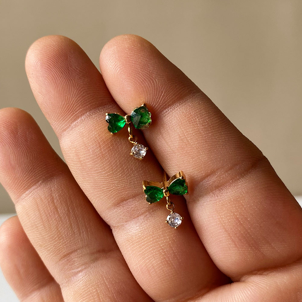 Emerald Bow Drop Earrings - Gold (Anti-Tarnish)