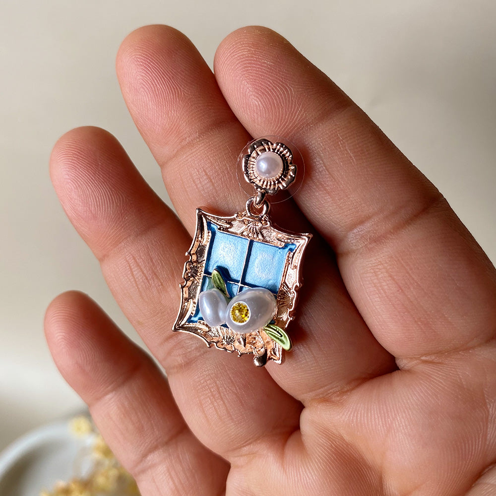 Vintage Bloom Frame Earrings - Blue