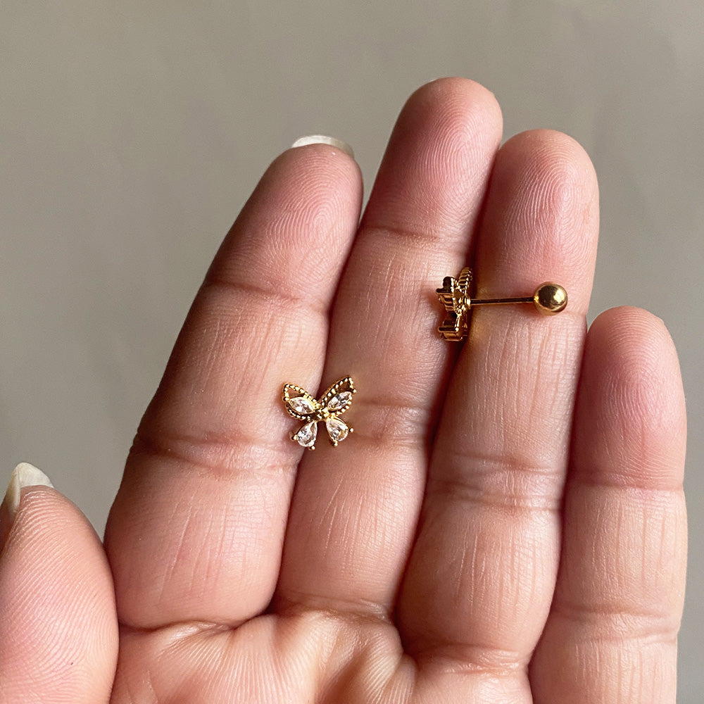 Crystal Flutter Ball Back Earrings - Gold