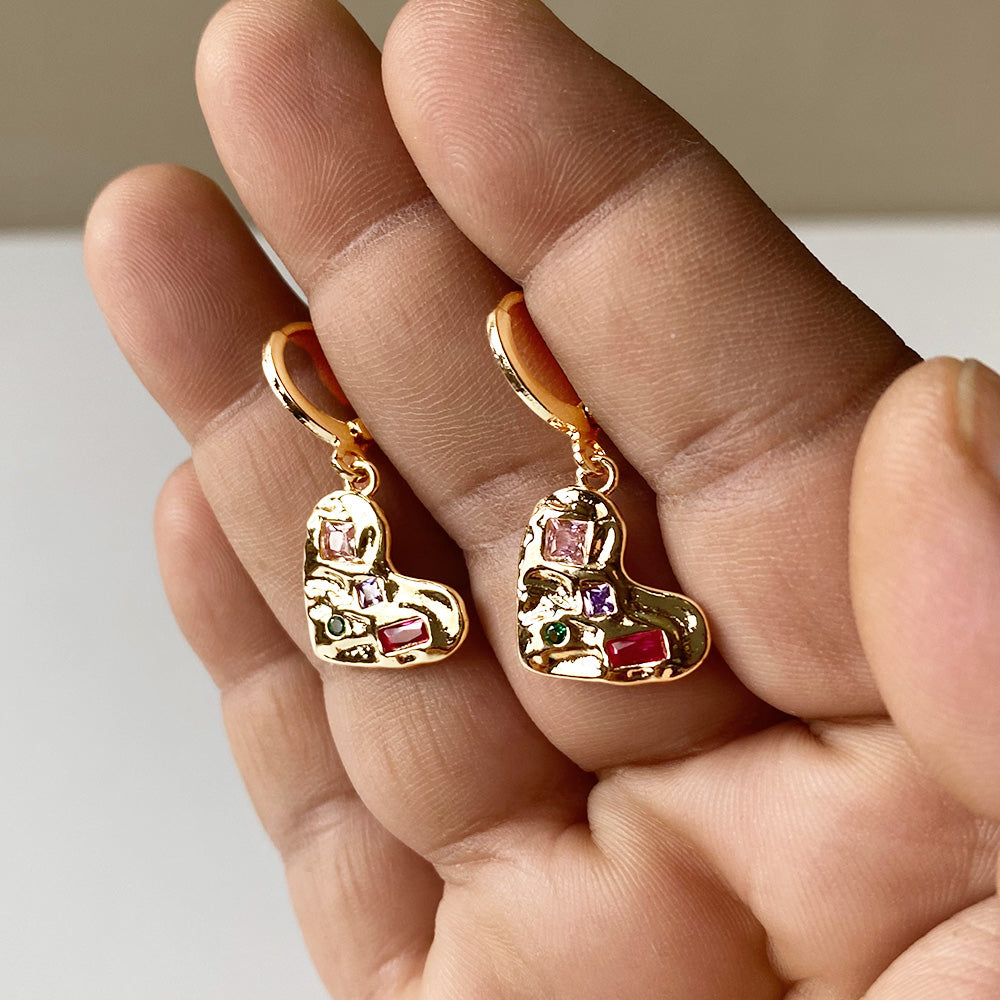 Jewelled Heart Earrings - Gold (Anti-Tarnish)