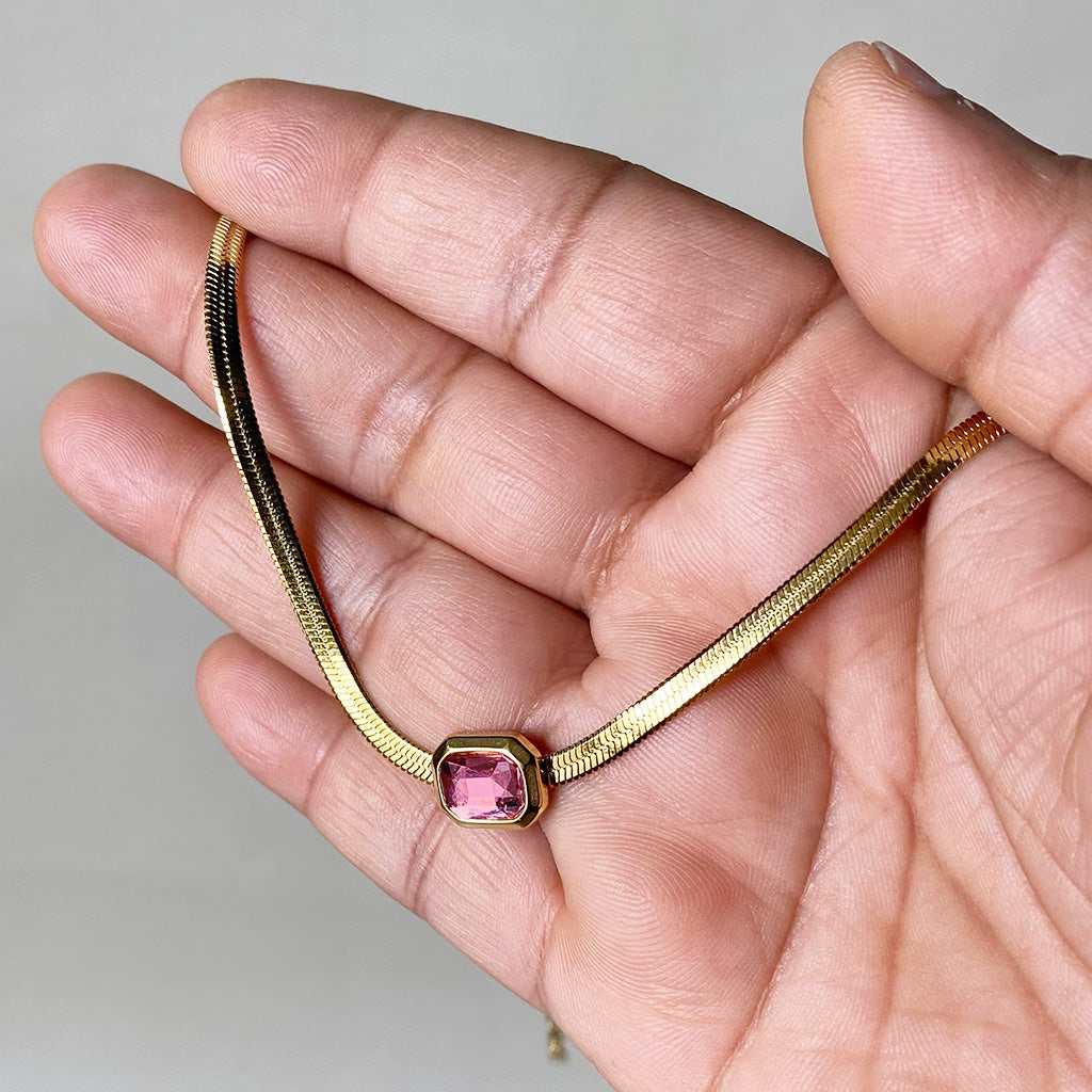 Pink Blush Gem Herringbone Necklace