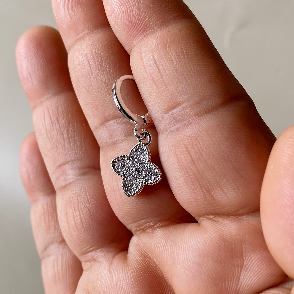 Mini Crystal Clover Charm Earrings - Silver