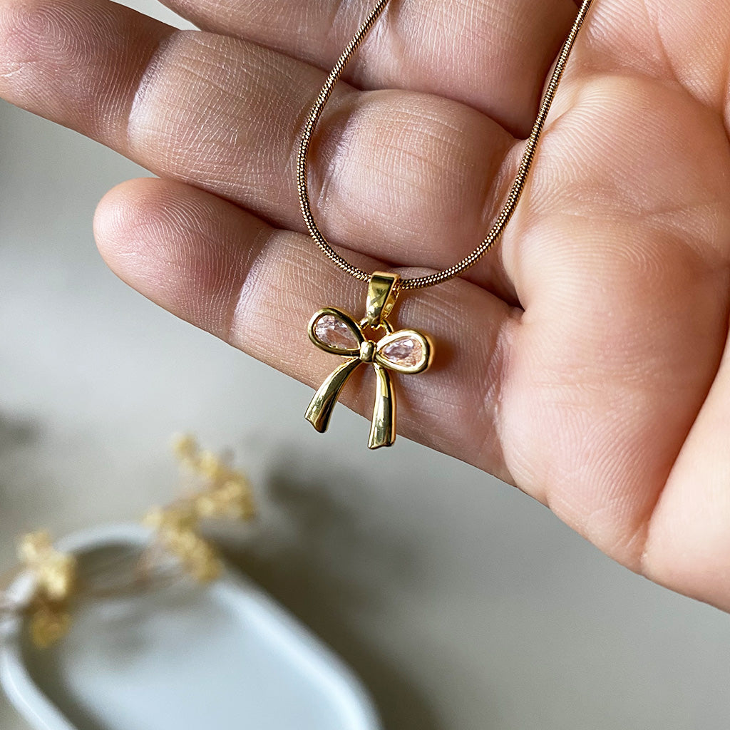Crystal Bow Pendant Anti-Tarnish Chain Necklace