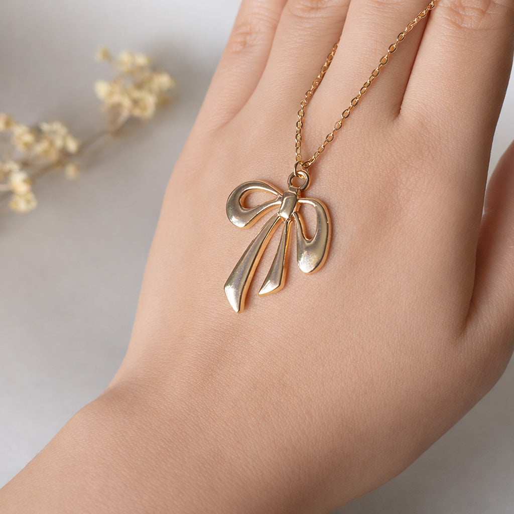 Ribbon Bow Pendant Anti-Tarnish Chain Necklace – Gold-Toned Minimal Elegant Charm Jewellery
