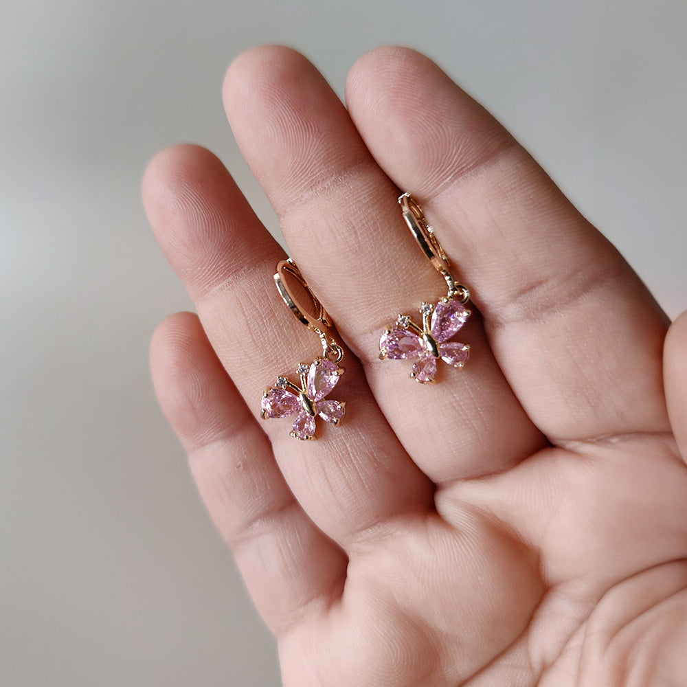 Mini Pink Flutter Earrings - Gold