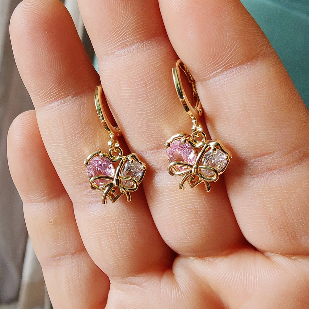Mini Pink Love Knot Earrings - Gold