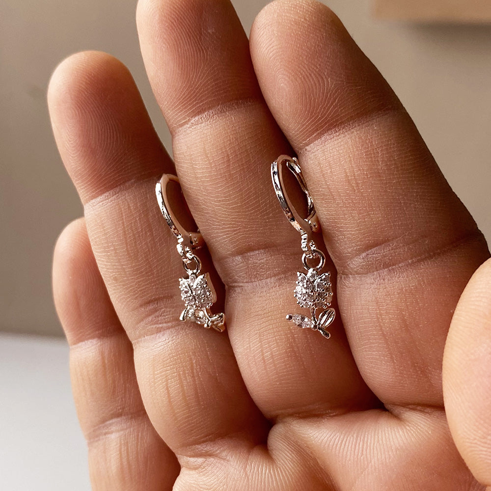 Crystal Rose Drop Earrings - Silver (Anti-Tarnish)