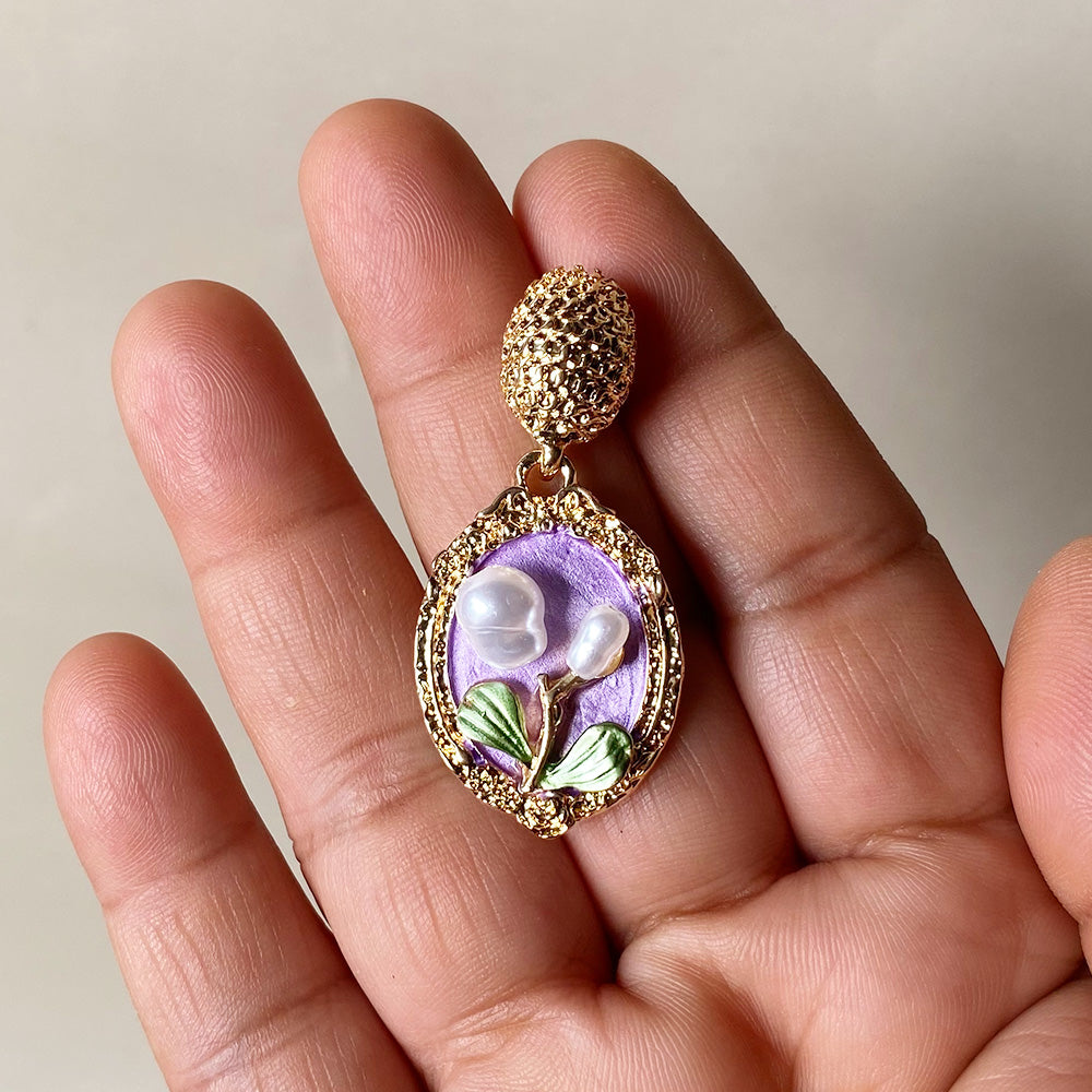 Vintage Bloom Pearl Earrings - Purple