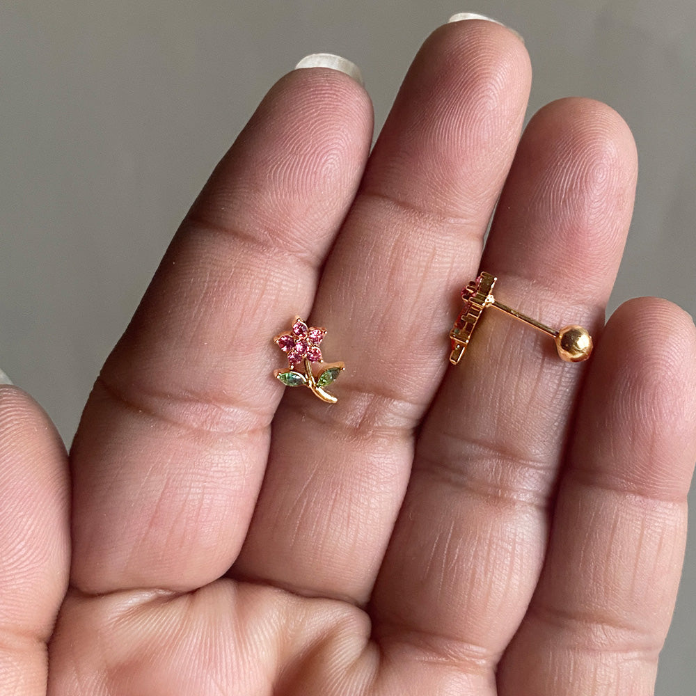 Rosy Blossom Ball Back Earrings - Gold