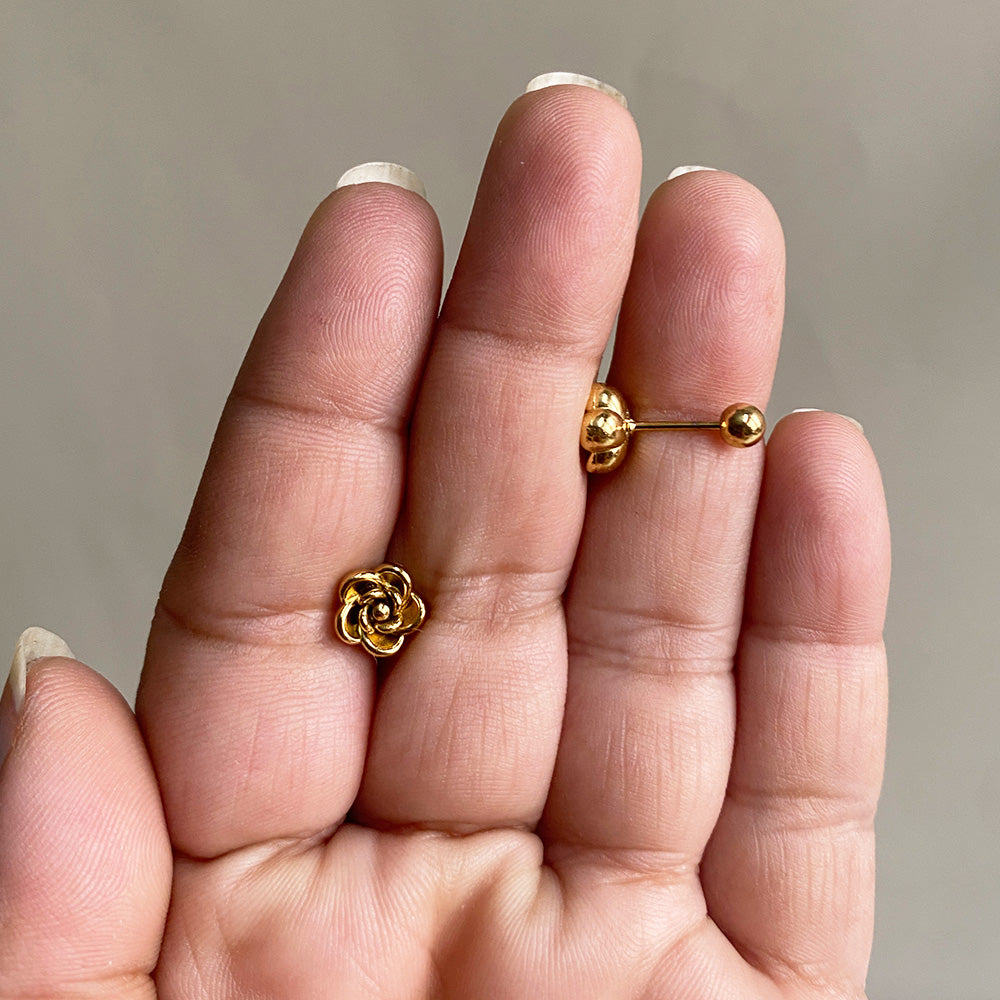 Golden Rose Ball Back Earrings - Gold