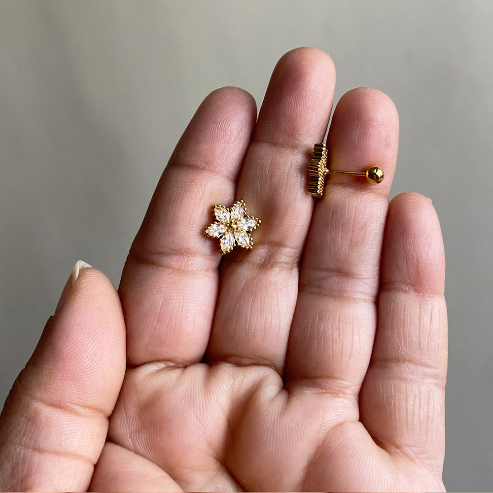 Crystal Blossom Ball Back Earrings - Gold