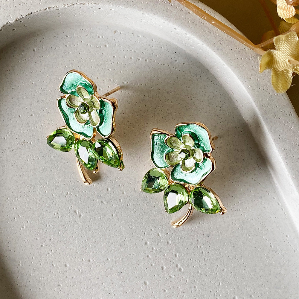 Verdant Crystal Bloom Stud Earrings