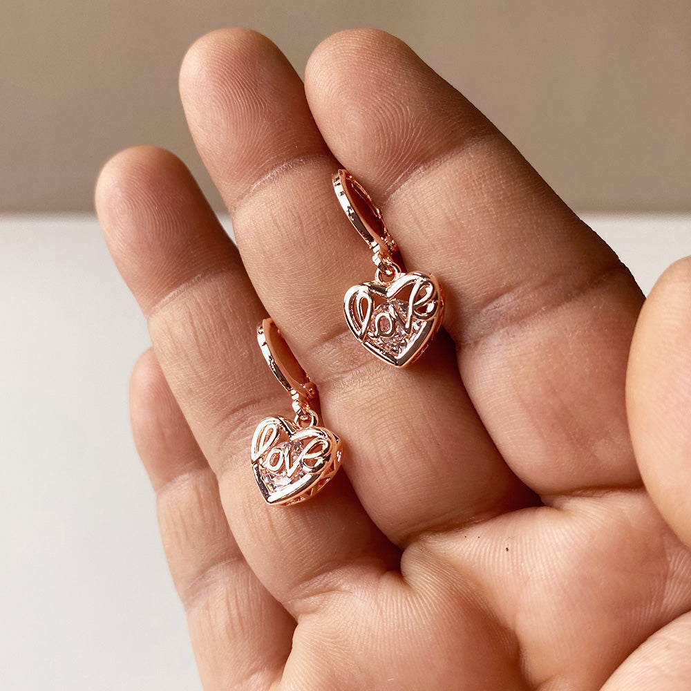 Love Script Heart Earrings - RoseGold (Anti-Tarnish)