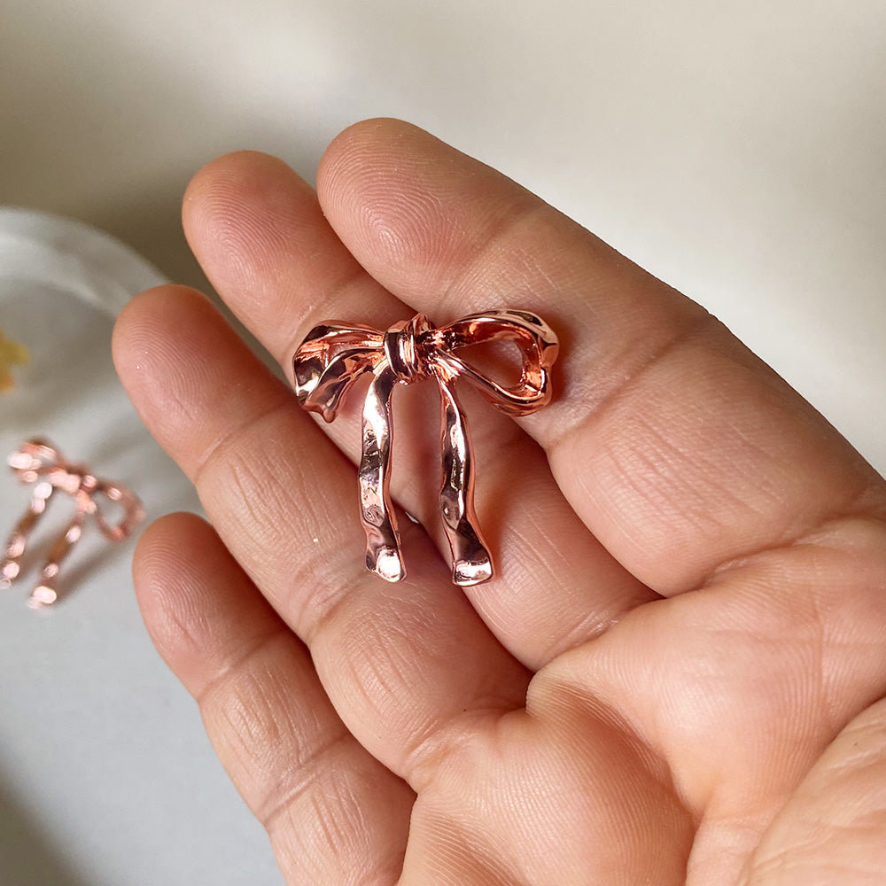 Hammered Ribbon Bow Earrings - RoseGold