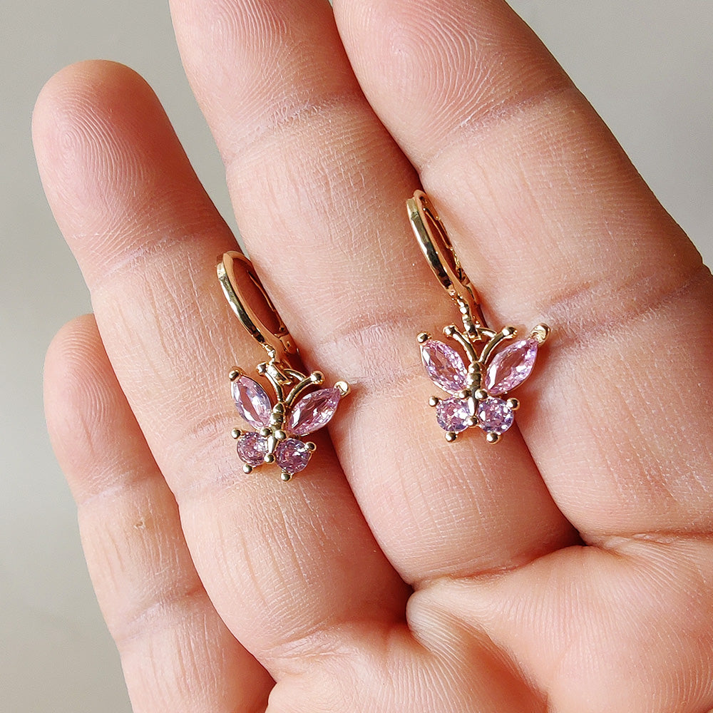 Mini Pink Butterfly Earrings - Gold