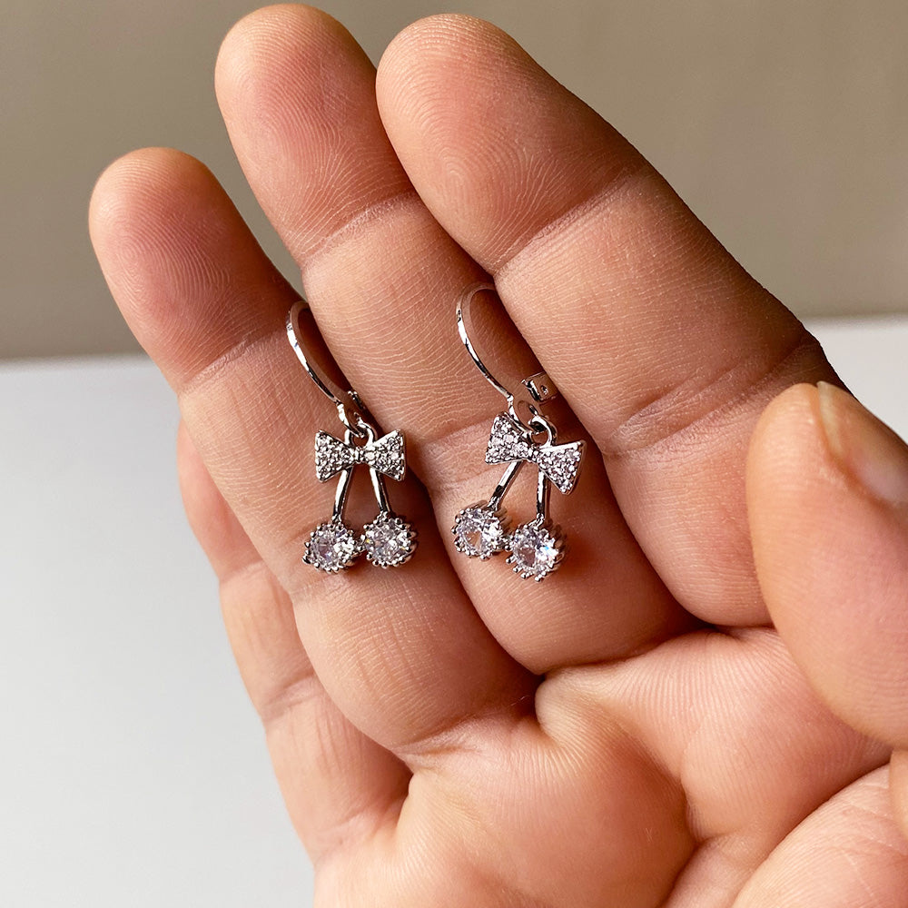 Crystal Cherry Bow Earrings - Silver (Anti-Tarnish)