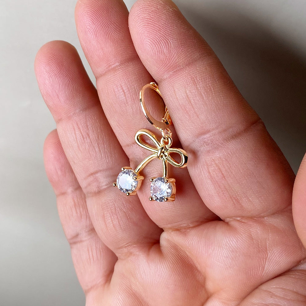 Golden Cherry Bow Drop Earrings