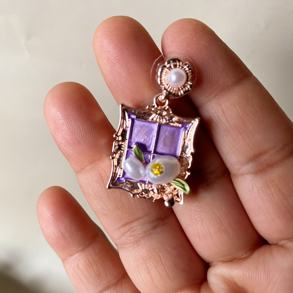 Vintage Bloom Frame Earrings - Purple