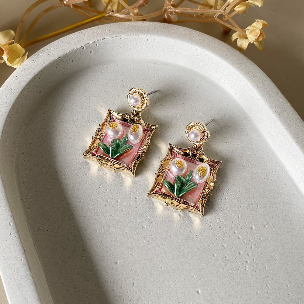 Floral Art Frame Drop Earrings