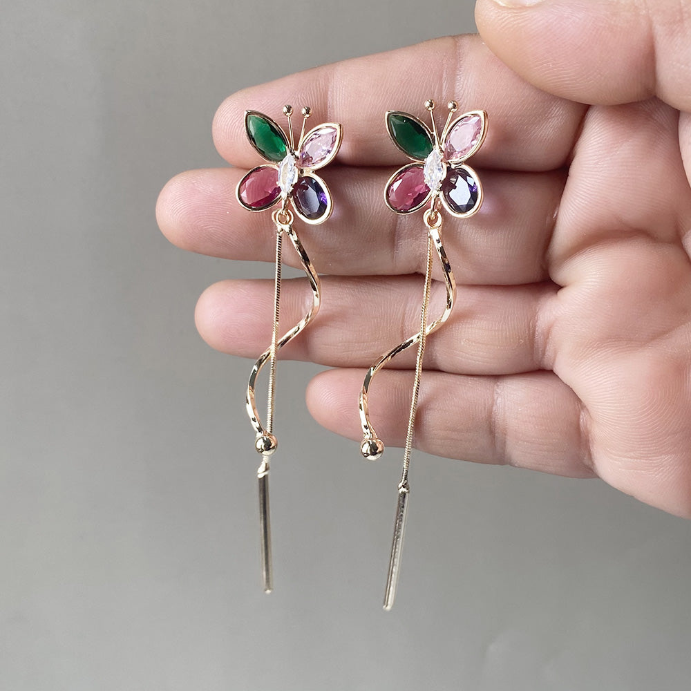 Fluttering Jewel Drop Earrings - Gold (Anti-Tarnish)