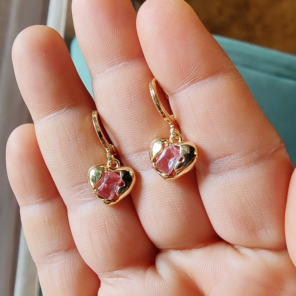 Mini Pink Crystal Heart Earrings - Gold