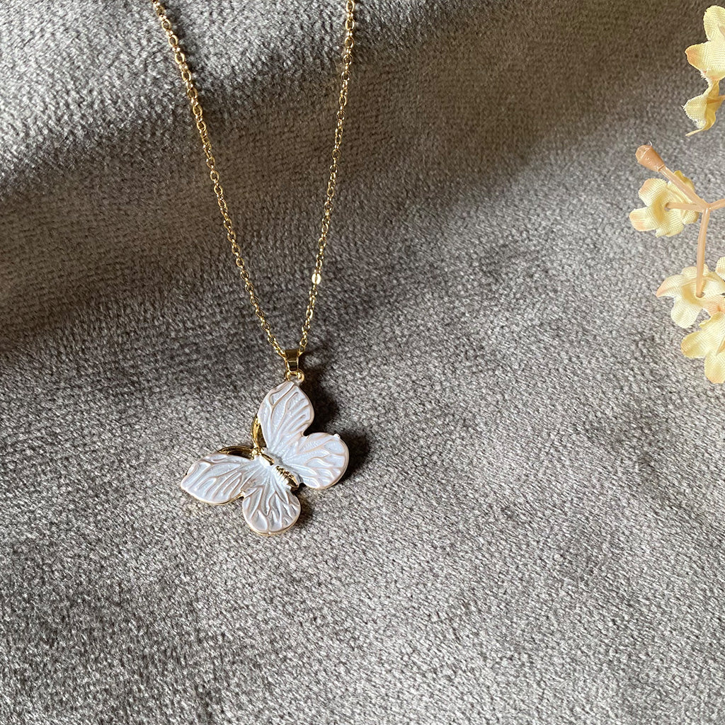 White Butterfly Pendant Anti-Tarnish Chain Necklace – Gold-Toned Pearl Finish Minimal Charm Jewellery