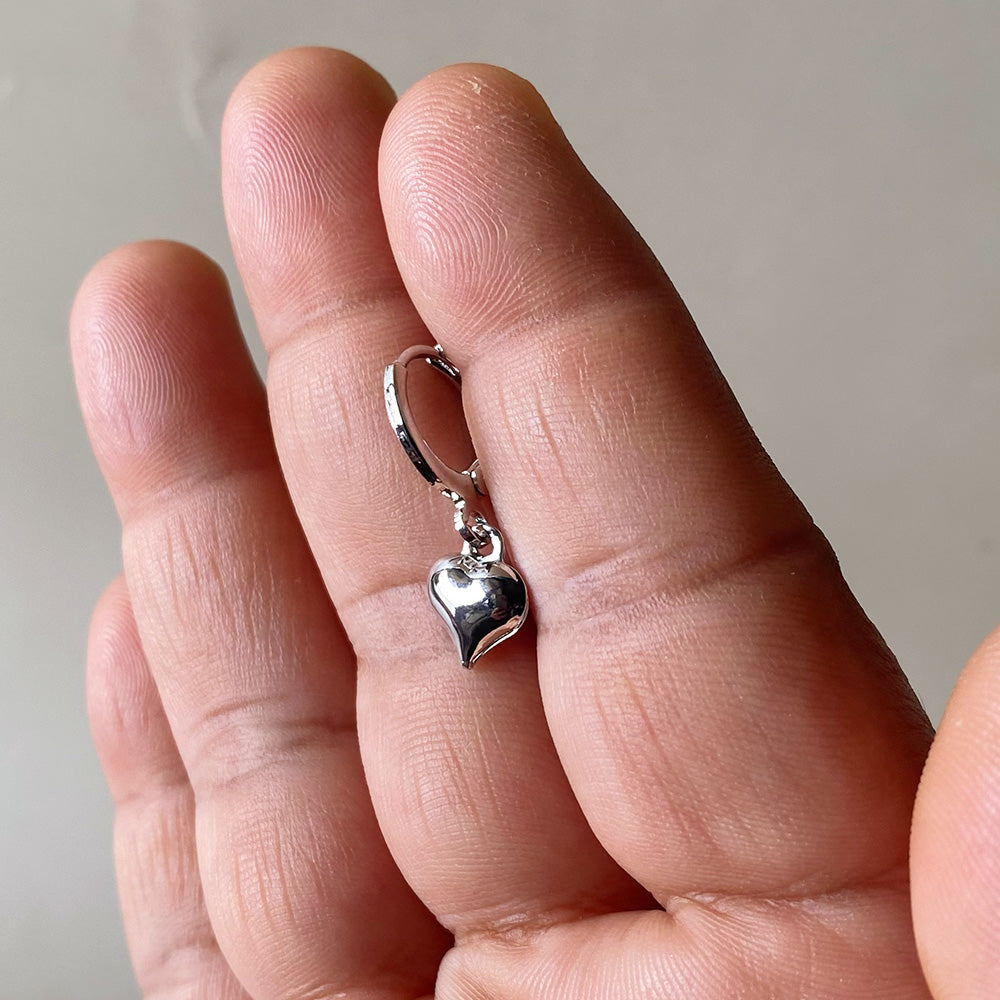 Mini Heart Charm Hoop Earrings - Silver
