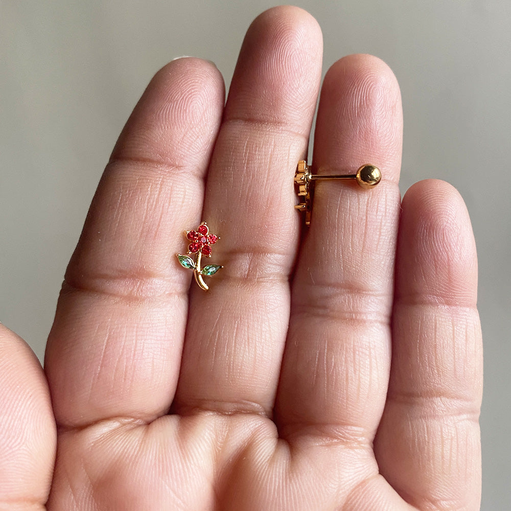 Ruby Blossom Ball Back Earrings - Gold