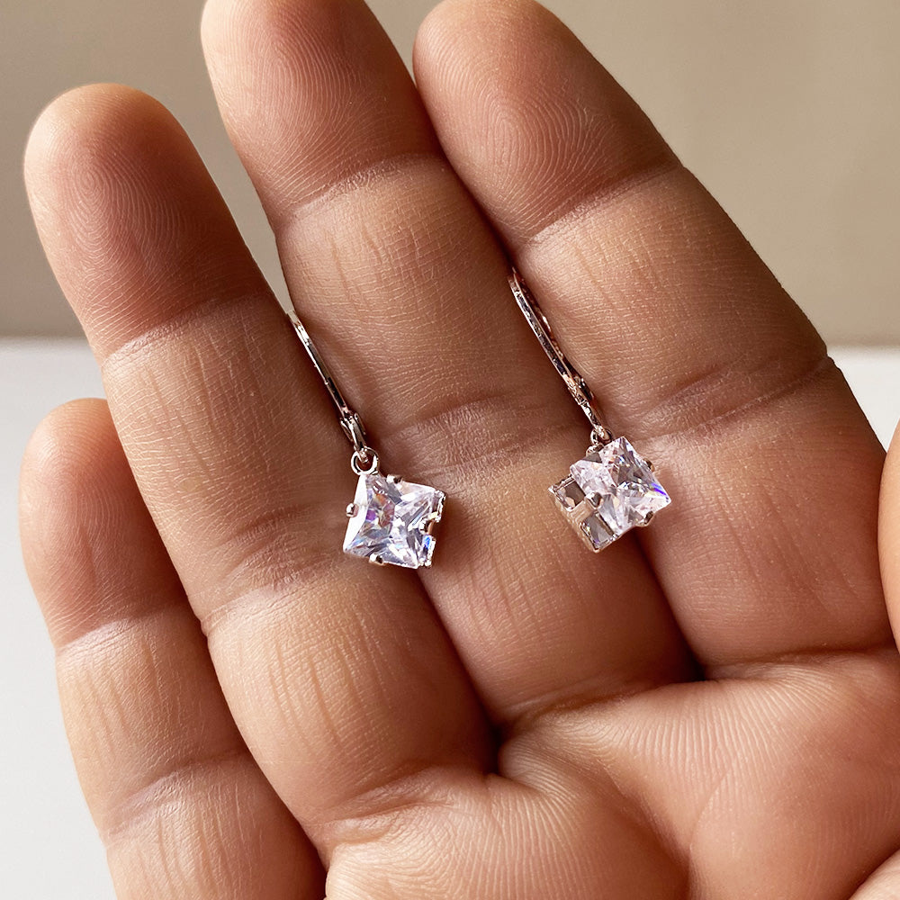 Mini Square Crystal Hoop Earrings - Silver (Anti-Tarnish)