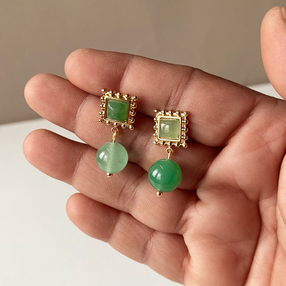 Aqua Jade Drop Earrings - Gold (Anti-Tarnish)