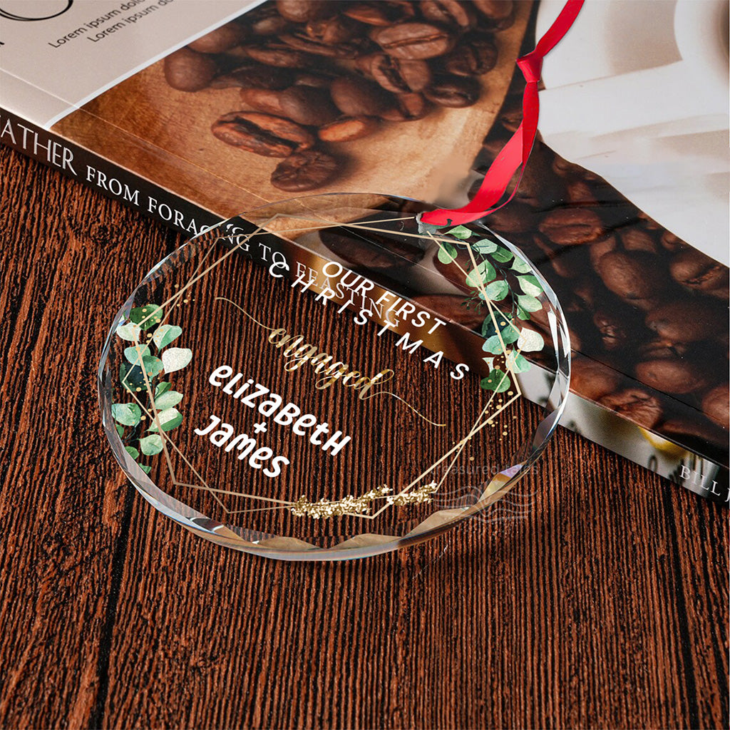 Engaged Couple Crystal Glass Christmas Tree Ornament with Names