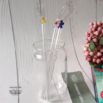 Set of 3 Reusable Clear Glass Straws: Yellow, Pink, Blue, Vibrant and Adorable Flower Straws – Ideal for Smoothies, Milkshakes, Juices, Teas, Parties, and Gift-Giving