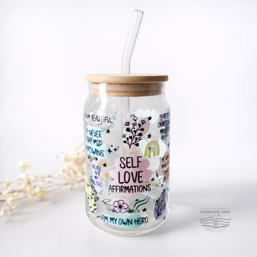 Colourful Self Love Affirmations Glass Tumbler - Clear 540 ml